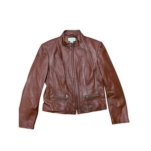 Talbots Leather Jacket Womens Sz 6 petites Brown Pockets Blazer Vintage Classic